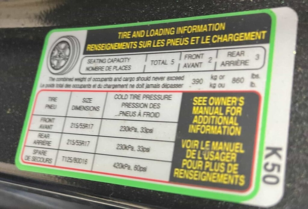 HYUNDAI KONA TIRE PRESSURE LABEL