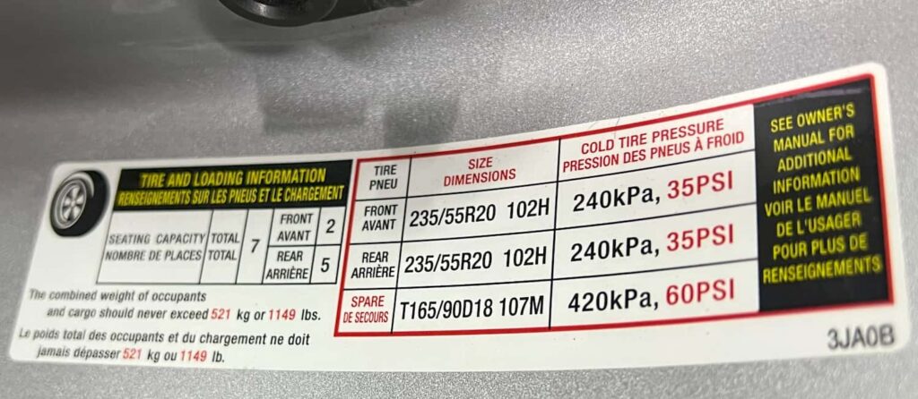 INFINITI QX60 TIRE AIR PRESSURE LABEL