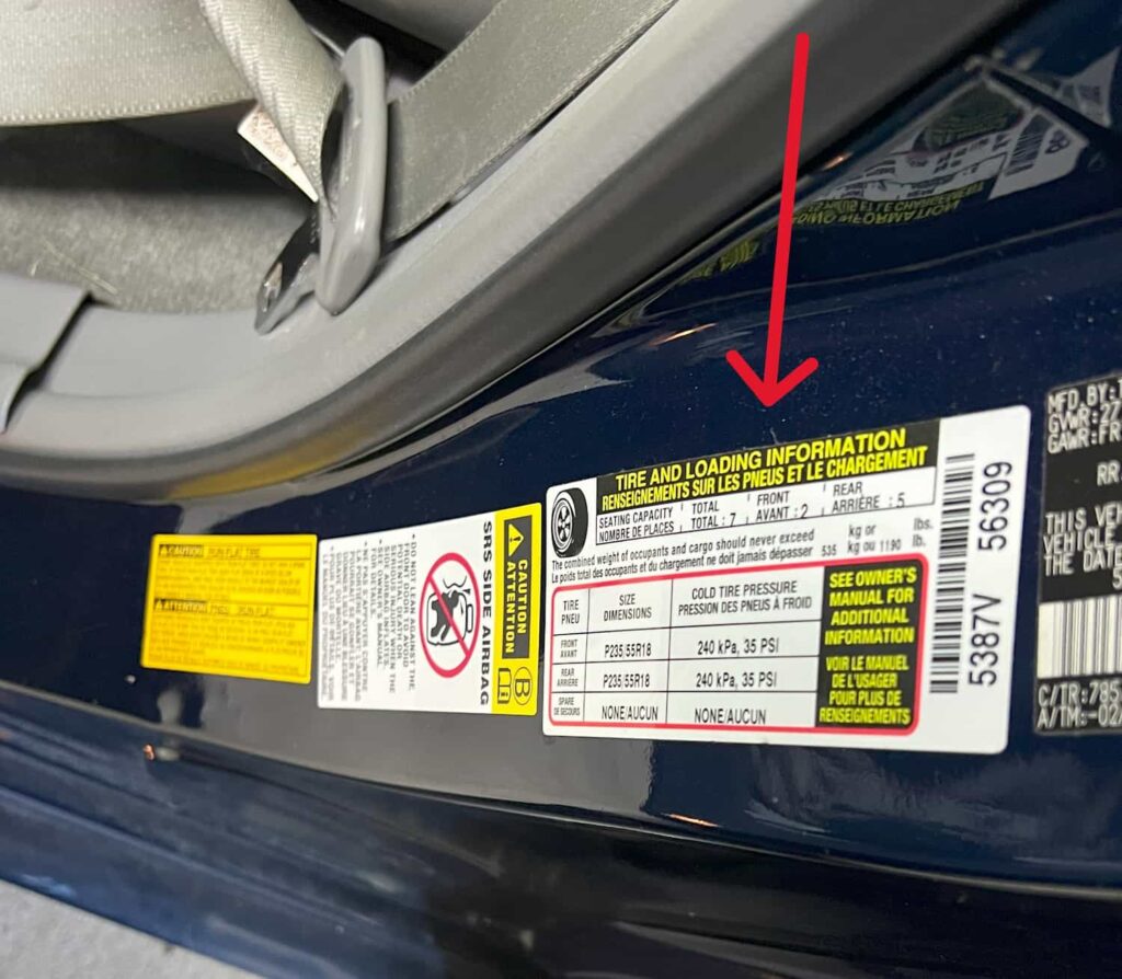 TOYOTA SIENNA AIR PRESSURE LABEL